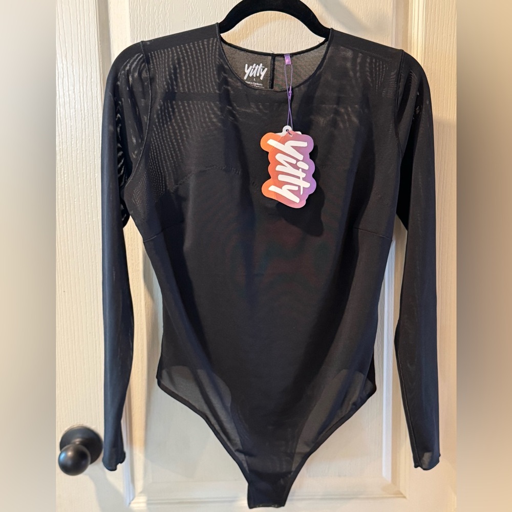 NWT* Yitty Black Mesh Me Something smoothing sleeved thong bodysuit One Piece